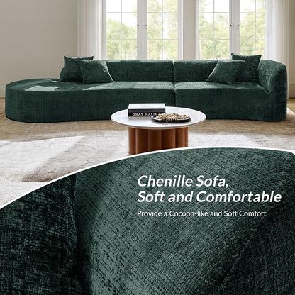 141.75" Modern Curved Compressed Sofa, All-Foam Cloud Couches with 4 Pillows, No Assembly Required Boneless Sectional Sofas, Large Floor Couch for Living Room, Olive