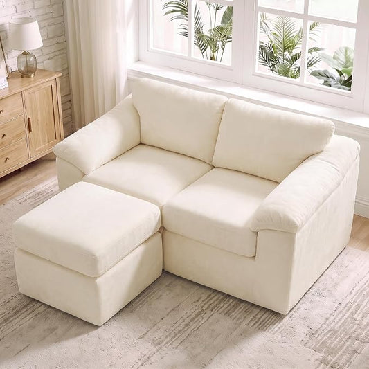 L Shaped Boneless Couch, Modern Loveseat Sofa with Ottoman, Floor Cloud Couch Sets with Extra Comfy Soft Deep Seats for Living Room, Apartment, No Assemby, Beige