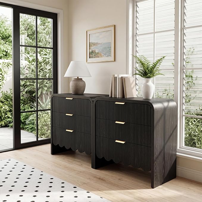 Scalloped Black 3 Drawer Dresser for Bedroom, 32'' Wide Large Drawer Nightstand,3 Drawer End Table Living Rooms, Offices, and Entryway