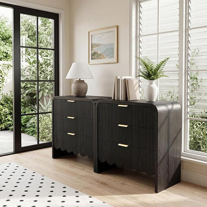 Scalloped Black 3 Drawer Dresser for Bedroom, 32'' Wide Large Drawer Nightstand,3 Drawer End Table Living Rooms, Offices, and Entryway
