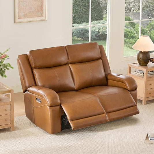 Watson & Whitely Genuine Leather Power Loveseat Recliner Sofa, 2 Seat Wall Hugger Reclining Sofa with Power Headrest & Charging Ports, Dual Recliner Sofas for Living Room, RV, Saddle Brown