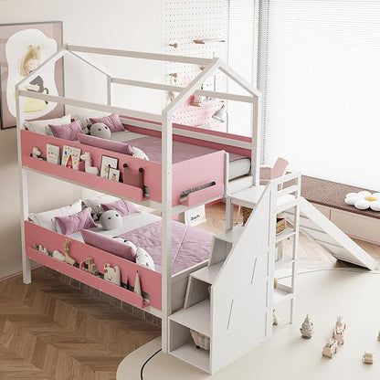 Harper & Bright Designs House Bunk Bed with Slide and Bookshelf, Twin Over Full Bunk Bed with Trundle and Stairs for Kids Teens Juniors, Space Saving, No Box Spring Needed, White+Pink