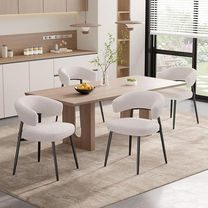 Dining Chairs Set of 4, Boucle Upholstered Dining Room Chair with Curved Backrest & Metal Legs, Mid Century Modern Round Kitchen Chairs, White