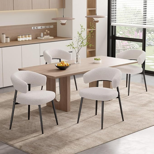 Dining Chairs Set of 4, Boucle Upholstered Dining Room Chair with Curved Backrest & Metal Legs, Mid Century Modern Round Kitchen Chairs, White