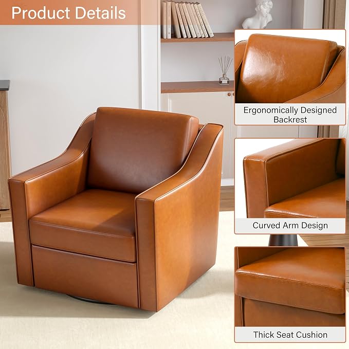 Swivel Accent Chairs Set of 2, 360° Swivel Upholstered Faux Leather Club Armchairs for Living Room, Comfy Single Sofa Reading Chair with Deep Seat, Metal Swivel Base, Light Brown