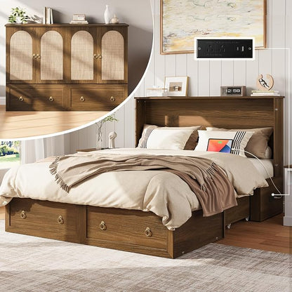 Yoobure Queen Murphy Bed with Charging Station - Rattan Queen Bed Frame with Storage Drawers, Wood Cabinet Beds for Guest Bedroom, Living Room, Office, Farmhouse Hideaway Beds with Foldable Platform