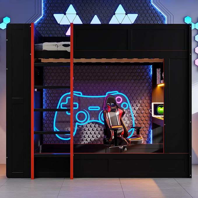 RUNNA Full Gaming Bunk Bed with Desk, LED & Charging Station | Full gaming bunk bed with desk, LED lights, charging station, storage shelves, 600 lbs capacity, no box spring needed