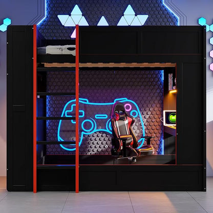 RUNNA Full Gaming Bunk Bed with Desk, LED & Charging Station | Full gaming bunk bed with desk, LED lights, charging station, storage shelves, 600 lbs capacity, no box spring needed