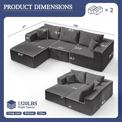 Modular Sectional Sofa for Living Room, 108" Cloud Couch Sectional with L-Shape Chaise, Modern Upholstered Corduroy Boneless Couch with Memory Foam Deep Seat, No Assembly Required (Grey)