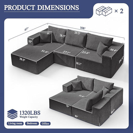 Modular Sectional Sofa for Living Room, 108" Cloud Couch Sectional with L-Shape Chaise, Modern Upholstered Corduroy Boneless Couch with Memory Foam Deep Seat, No Assembly Required (Grey)