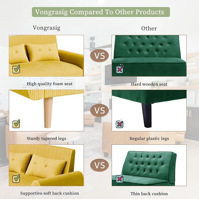 Vongrasig 48" Small Modern Loveseat Sofa, Mid Century Soft Corduroy Fabric 2-Seat Sofa Couch Tufted Love Seat with Back Cushions and Tapered Legs for Living Room, Bedroom and Small Space (Yellow)