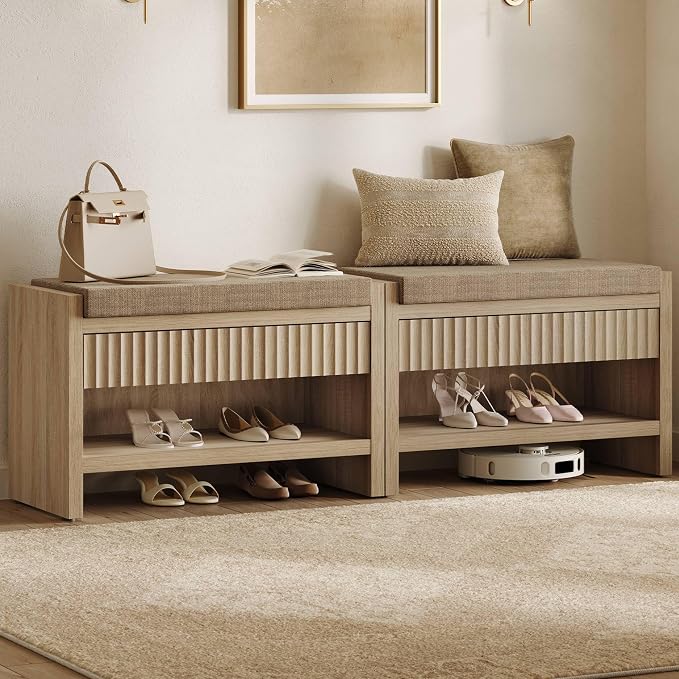 SICOTAS 31.3”W Fluted Entryway Shoe Bench with Cushion Set of 2, Light Oak | Modern Fluted Design, 300 lb Capacity Per Bench,19.69"H Ergonomic Seat, Spacious Drawer, Open Shoe Storage, Multi-Room Use