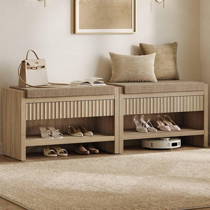 SICOTAS 31.3”W Fluted Entryway Shoe Bench with Cushion Set of 2, Light Oak | Modern Fluted Design, 300 lb Capacity Per Bench,19.69"H Ergonomic Seat, Spacious Drawer, Open Shoe Storage, Multi-Room Use