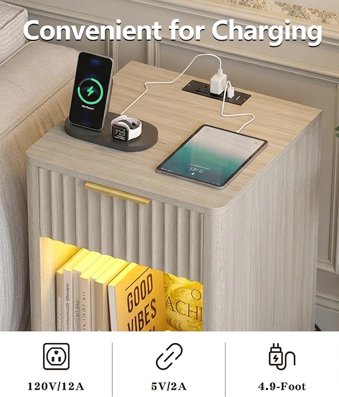 Akxomel Fluted Nightstands Set of 2, Wooden Night Stand with Charging Station and LED Light, Modern Mid Century Bed Side End Table with Drawer, 15" D x 15.7" W x 22.6" H, for Bedroom, White Alder