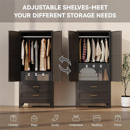 Baborokic Metal Wardrobe Cabinet with Hanging Rod,71" Armoire Wardrobe Closet with Adjustable Shelves,Farmhouse Steel Clothing Storage Cabinets for Bedroom,Office,Laundry Room Black