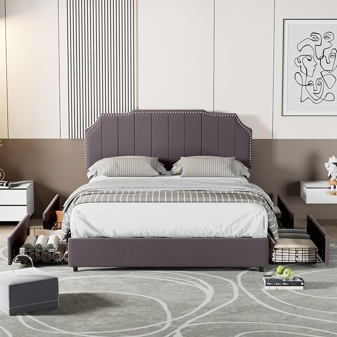 VECELO Full Velvet Upholstered Platform Bed Frame with 4 Rollers Storage Drawers,Full Size Bed with Tufted Height Adjustable Headboard,Wooden Slats/No Box Spring Needed/Easy Assembly