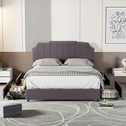 VECELO Full Velvet Upholstered Platform Bed Frame with 4 Rollers Storage Drawers,Full Size Bed with Tufted Height Adjustable Headboard,Wooden Slats/No Box Spring Needed/Easy Assembly