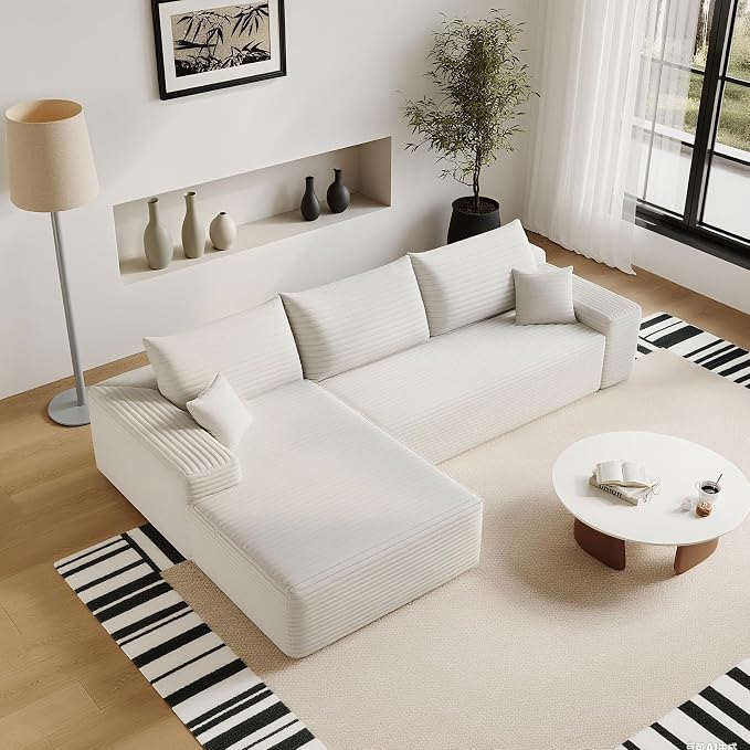 107" Corduroy Couch for Office, Cloud L Shape Sofa, Deep Seat Comfy Couches for Living Room Bedroom Apartment, Compressed Foam No Assembly Required, Left Facing Chaise, White