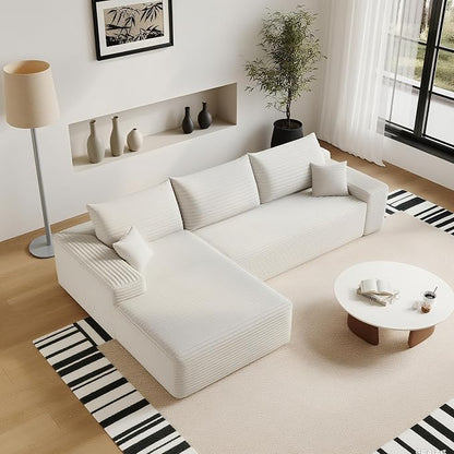 107" Corduroy Couch for Office, Cloud L Shape Sofa, Deep Seat Comfy Couches for Living Room Bedroom Apartment, Compressed Foam No Assembly Required, Left Facing Chaise, White