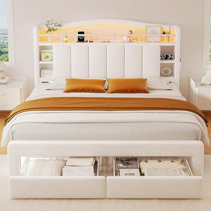 Full Size Bed Frame with LED Storage Headboard & 2 Storage Drawers, Velvet Upholstered Bed with Vertical Tufted Headboard Design, USB & Type-C Charging Ports, Wooden Slats Support, Noise-Free, Beige