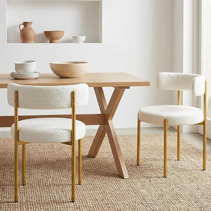 Boucle Dining Chairs Set of 2, White Dining Chairs with Upholstered Seat and Gold Legs, Mid-Century Modern Kitchen Chairs for Dining Room, Restaurant