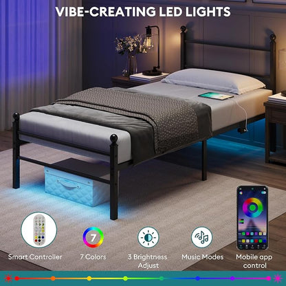 Twin Size Bed Frame with Headboard - Metal Platform Bed with LED Lights, Charging Station, Under Bed Storage and Heavy Duty Steel Slats Support - No Box Spring Needed, Easy Assembly, Black