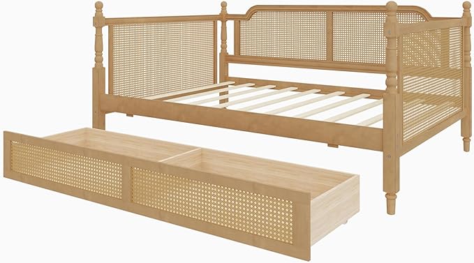 Merax Full Bedframe with 2 Storage Drawers & Footboard, Vintage Wooden Daybed Platform Bed with Natural Rattan Headboard, Noise-Free, No Box Spring Needed, Antique Walnut