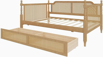 Merax Full Bedframe with 2 Storage Drawers & Footboard, Vintage Wooden Daybed Platform Bed with Natural Rattan Headboard, Noise-Free, No Box Spring Needed, Antique Walnut