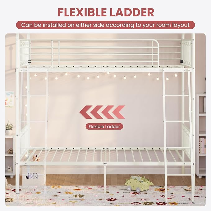 SHA CERLIN Convertible Twin Over Twin Bunk Bed, CPC Certified,White | Victorian Iron-Art Headboard and Footboard,Space-Saving Metal Bunk Bed with Guardrail & Ladder,No Box Spring Needed