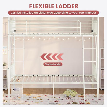 SHA CERLIN Convertible Twin Over Twin Bunk Bed, CPC Certified,White | Victorian Iron-Art Headboard and Footboard,Space-Saving Metal Bunk Bed with Guardrail & Ladder,No Box Spring Needed