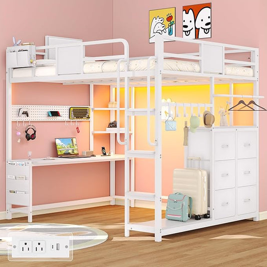 Dnxao Full Size Loft Bed with Desk, 900 lbs Heavy Duty Metal Bed Frame for Adults & Teens, 6 Storage Drawers, Power Outlet with Type-C, LED Lights, Integrated Study Workstation for Small Room, White