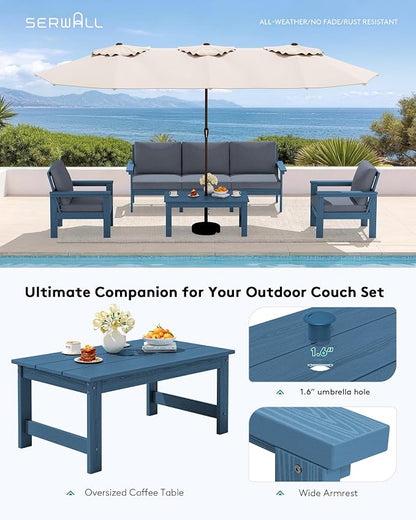 SERWALL HDPE Patio Conversation Set, 6-piece Sectional Outdoor Furniture Set, All Weather Outdoor Couch Set Patio Furniture Set for Deck, Lawn, Blue Frame with Grey Cushion