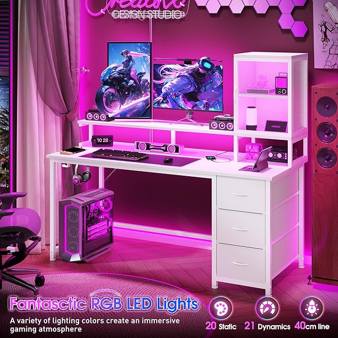 DurayLoly 47" White Computer Desk with 2 Acrylic Cabinet & 3 Fabric Drawers | Integrates Ample Storage & Display, Great Fit for Small Spaces, Outlets Suitable for Studying, Working & Gaming Equipments