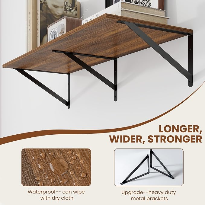 Heimlove 12 Inch Deep Floating Shelves for Wall, 32W x 12D Wood Wall Shelves Set of 2, Walnut Wide Floating Bookshelf for Living Room, Kitchen, Office, Bedroom, with Black Metal Bracke - Walnut