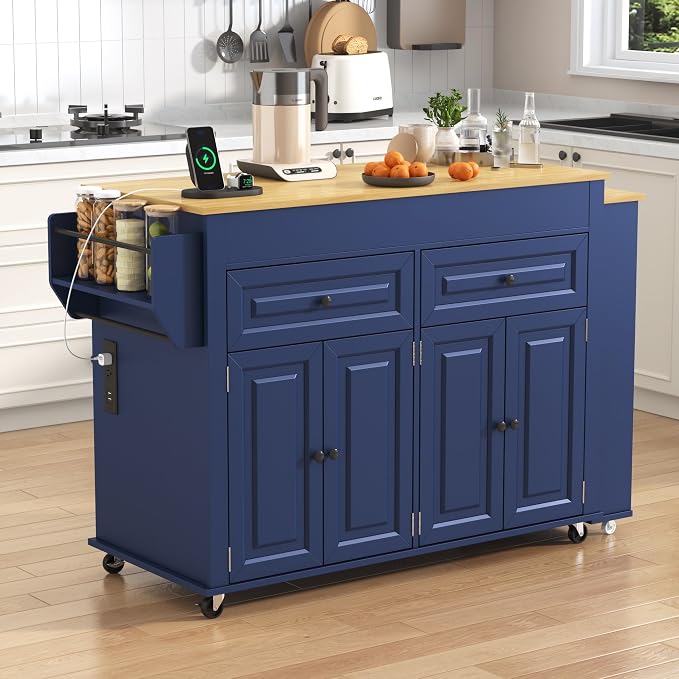 80"-48" Extendable Kitchen Island with Extended Dining Table and Power Outlet,Large Mobile Kitchen Storage Islands with 2 Storage Drawers,Rolling Islands Cart with 3 Extra Rows Open Shelves(Blue)