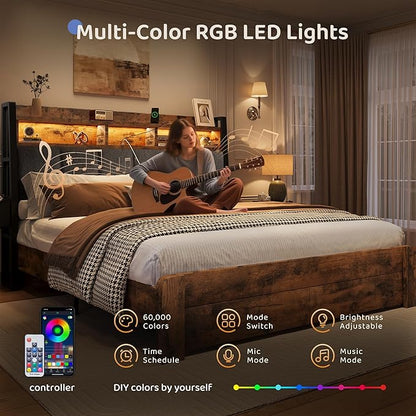 BRELTAM Queen Bed Frame with Storage Drawers Upholstered Bed with 2-Tier Storage Headboard and LED Light&Charging Station,Metal Platform Bed Frame Queen Size,No Box Spring Needed,Vintage Brown
