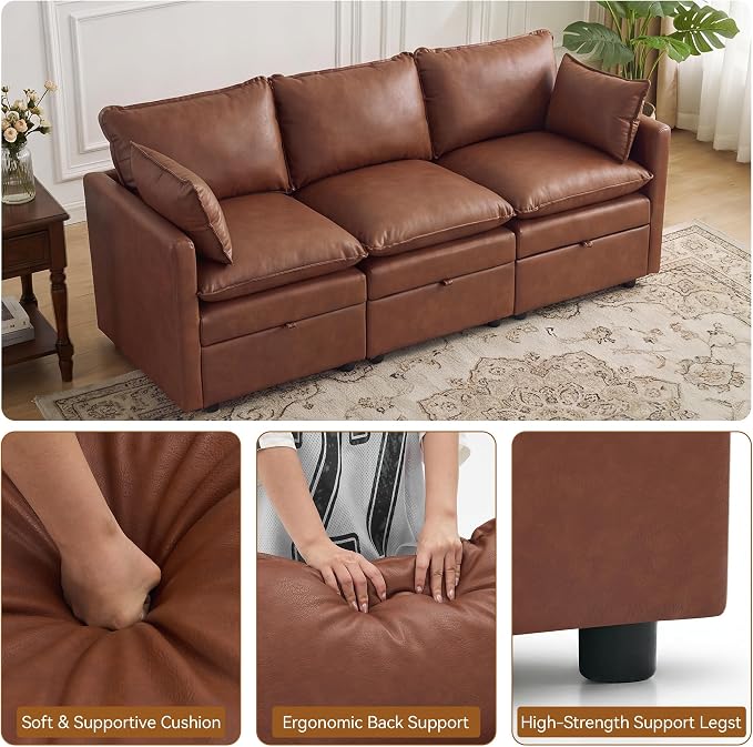 80" Brown Faux Leather Storage 3 Seater Sofa, Modular Sectional Cloud Sofa | Modern Deep Seat Cloud Upholstered Sofa with Armrest, Convertible 3 Seater Comfy Sofa for Living Room, Bedroom, Small spaces