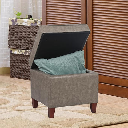 Adeco 17.5" Square Storage Ottoman, Faux Leather Flip Top Footstool & Coffee Table, Upholstered Foot Rest with Wood Legs, Small Extra Seat for Living Room & Bedroom, Coffee Brown