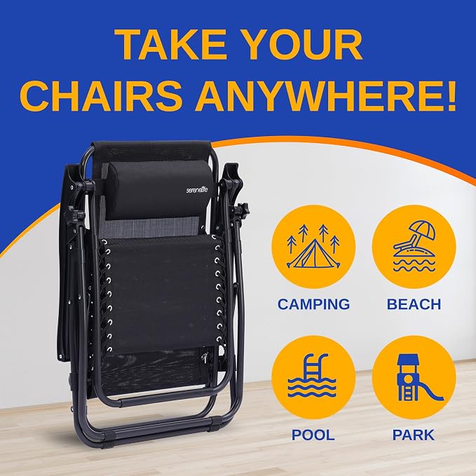 SereneLife Outdoor Zero Gravity Lounge Chair Set with Table – 2 Adjustable Recliners with Cup Holders, Headrest, Steel Frame & Foldable Design for Patio, Pool, Garden, or Camping