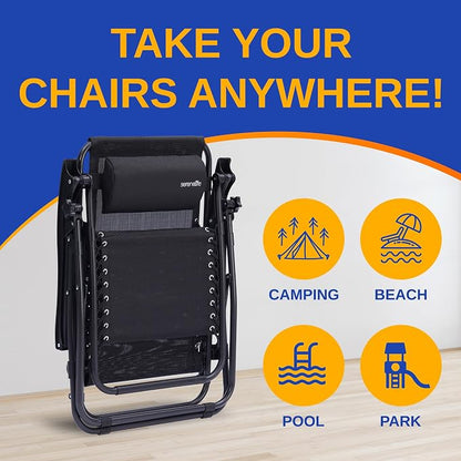 SereneLife Outdoor Zero Gravity Lounge Chair Set with Table – 2 Adjustable Recliners with Cup Holders, Headrest, Steel Frame & Foldable Design for Patio, Pool, Garden, or Camping