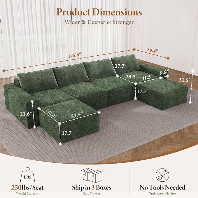 Vesgantti 145.6" Modular Boneless Couch, Modern U Shaped 6 Seater Sectional Sofa with 2 Ottoman & Deep Seat, Convertible Chenille Cloud Couches for Living Room, No Assembly Required, Green
