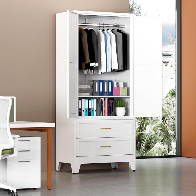 Metal Armoire Wardrobe Closet with Drawers, 71" Wardrobe Cabinet with Adjustable Shelves and Hanging Rod for Bedroom, White Metal Closet Storage Cabinet with 2 Doors & 2 Drawers