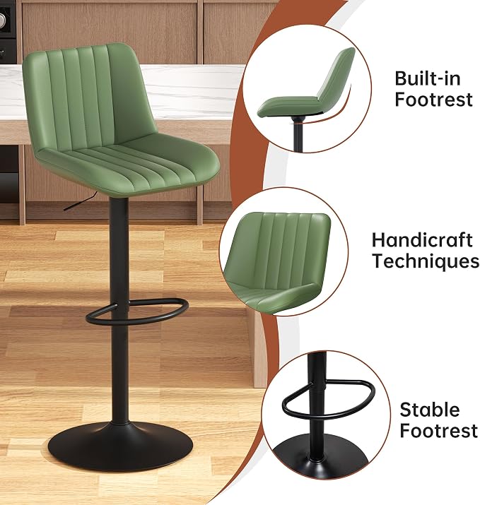 JAMFLY Modern Leather Bar Stools – Swivel & Height-Adjustable Bar Chairs with Footrest, Ergonomic Design for Kitchen Island, Home & Commercial Bar – Set of 4, Green