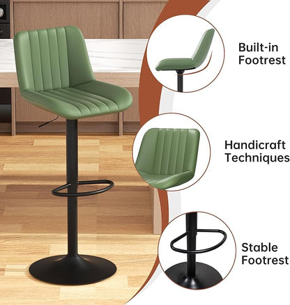 JAMFLY Modern Leather Bar Stools – Swivel & Height-Adjustable Bar Chairs with Footrest, Ergonomic Design for Kitchen Island, Home & Commercial Bar – Set of 4, Green