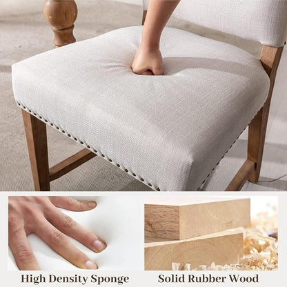 ROCITY Linen Dining Chairs Set of 2 Beige Upholstered Dining Room Chairs Farmhouse Kitchen Side Chairs with Wooden Legs&Nailhead Trim