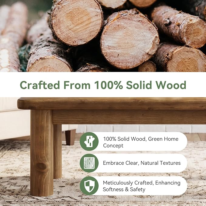 47-Inch Solid Wood Coffee Table, Rustic Rectangular Center Table for Living Room, Low Cocktail Tea Furniture with Thick Cylindrical Legs