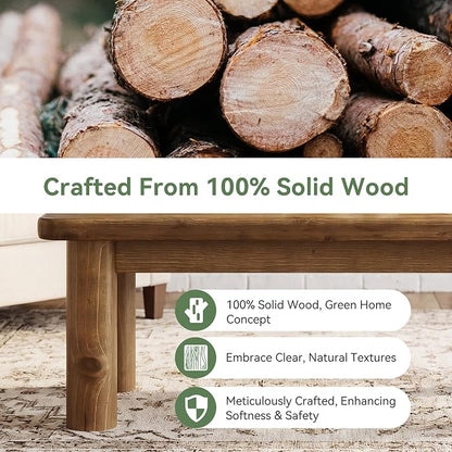 47-Inch Solid Wood Coffee Table, Rustic Rectangular Center Table for Living Room, Low Cocktail Tea Furniture with Thick Cylindrical Legs