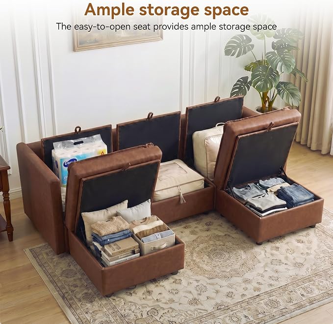 80" Brown Faux Leather Storage 3 Seater Sofa with 2 Ottomans, Comfy Couch | Convertible Modular Sectional Sofa, U Shaped Oversized Couch, Upholstered Large Cloud Couch For Living Room, Apartment.
