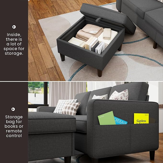 78" Sectional Sofa Couches for Living Room, 3 Seat L Shaped Convertible Couch with Storage Ottoman, Comfortable Pet-Friendly Linen Fabric Sofa Set for Small Space, Apartment, Office, Dark Grey