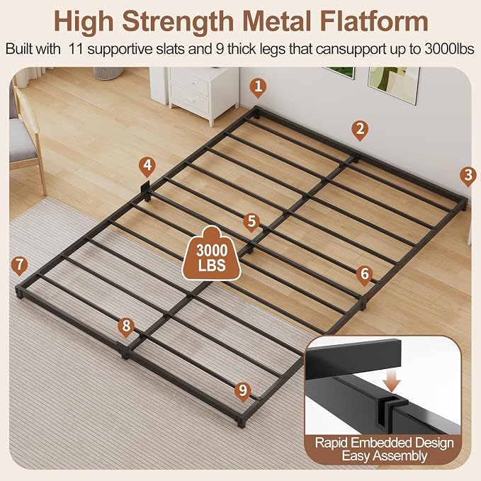 3 Inch Low Profile Full Size Bed Frame, Noise-Free Heavy Duty Metal Platform with Mattress Stopper, No Box Spring Needed, Easy Assembly Steel Support, Black